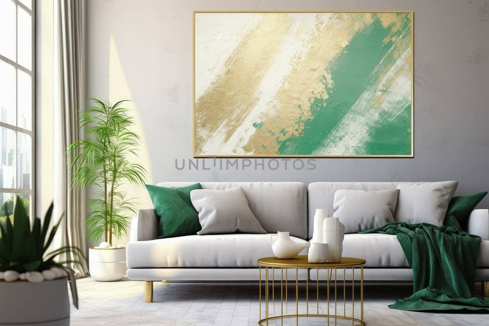 Modern room interior with an abstract painting in gray-green tones. High quality photo