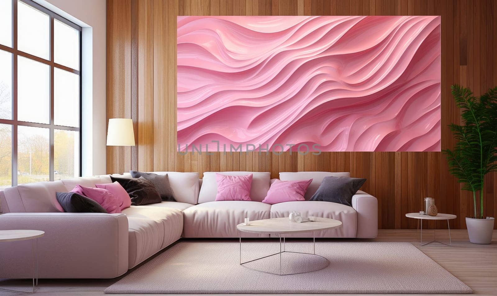 Modern room interior with an abstract painting in gray and pink tones. High quality photo