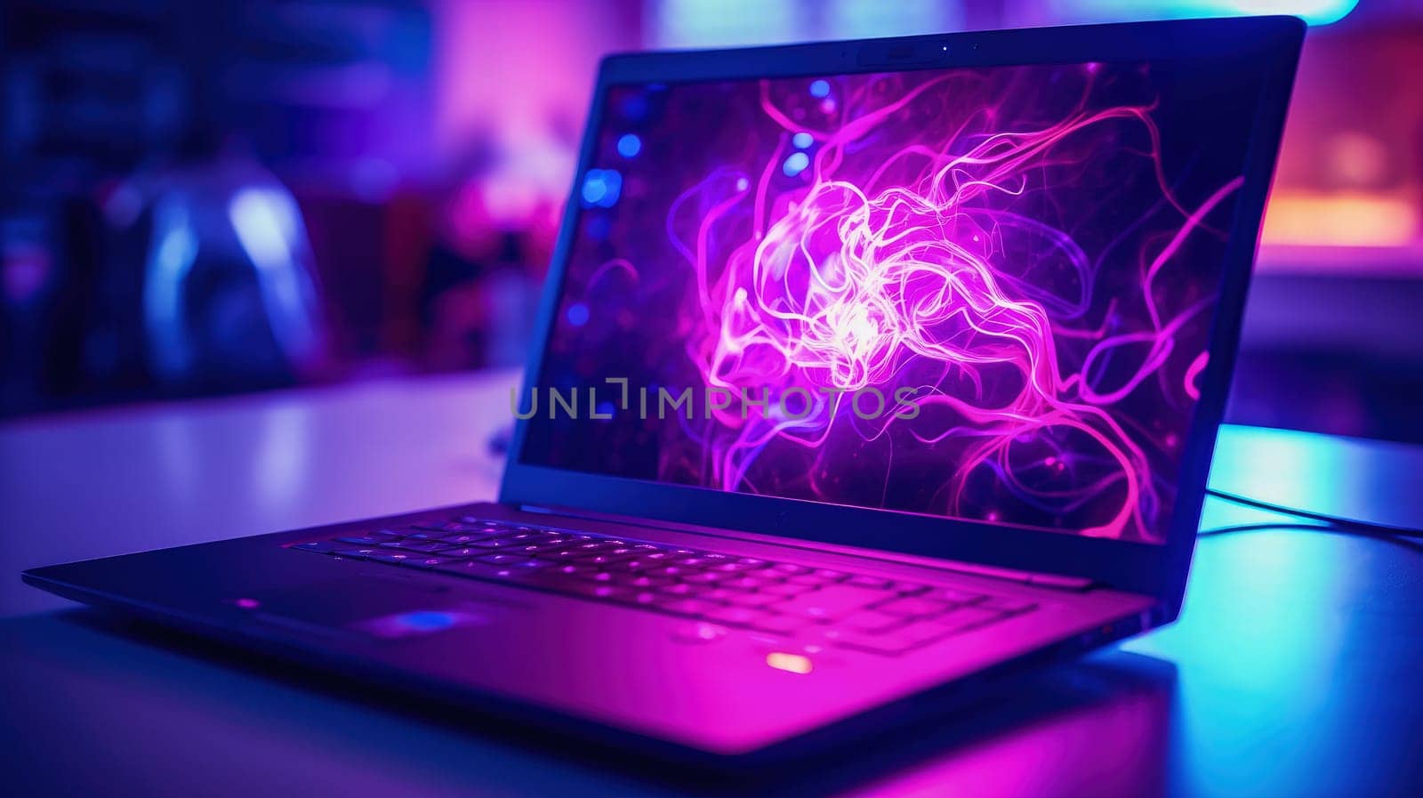 Neurons on a laptop screen in a purple neon room. The concept of artificial intelligence development. High quality photo