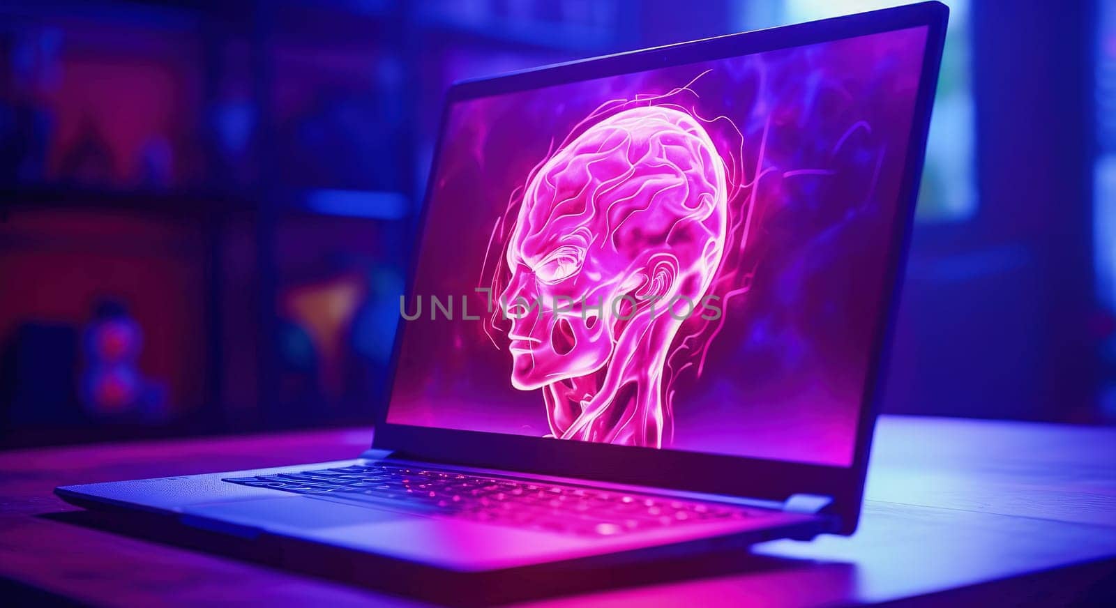 Man's head on a laptop screen in a purple neon room. The concept of artificial intelligence development. by Yurich32