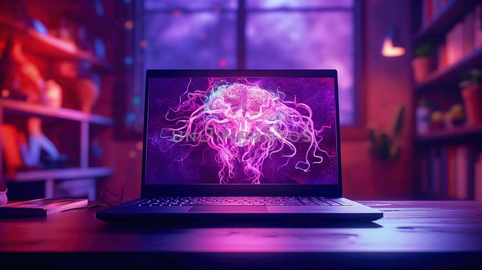 Neurons on a laptop screen in a purple neon room. The concept of artificial intelligence development. High quality photo