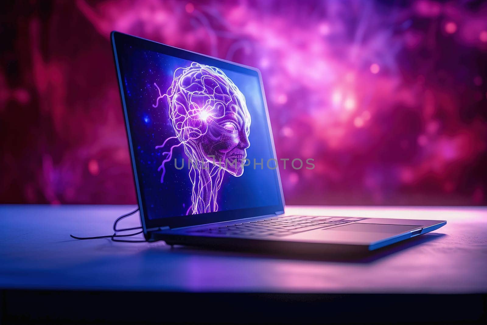 Man's head on a laptop screen in a purple neon room. The concept of artificial intelligence development. High quality photo