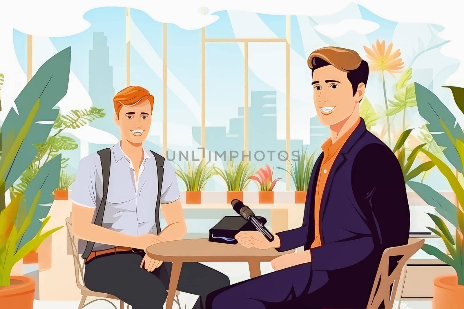 A journalist interviews a man at a conference. High quality illustration