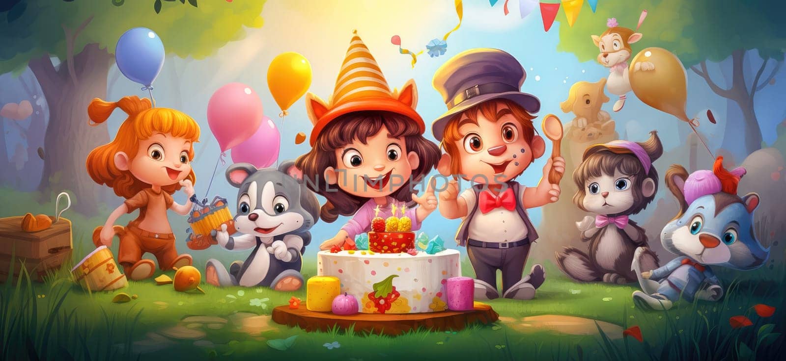 Banner with a group of cartoon characters celebrating a birthday with a cake. High quality illustration