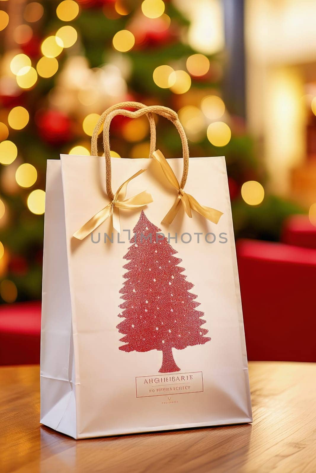 Paper bag with a gift near the New Year tree. High quality photo