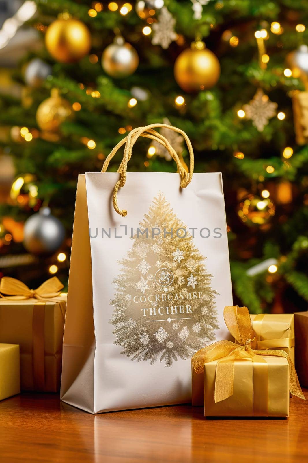 Paper bag with a gift near the New Year tree. High quality photo