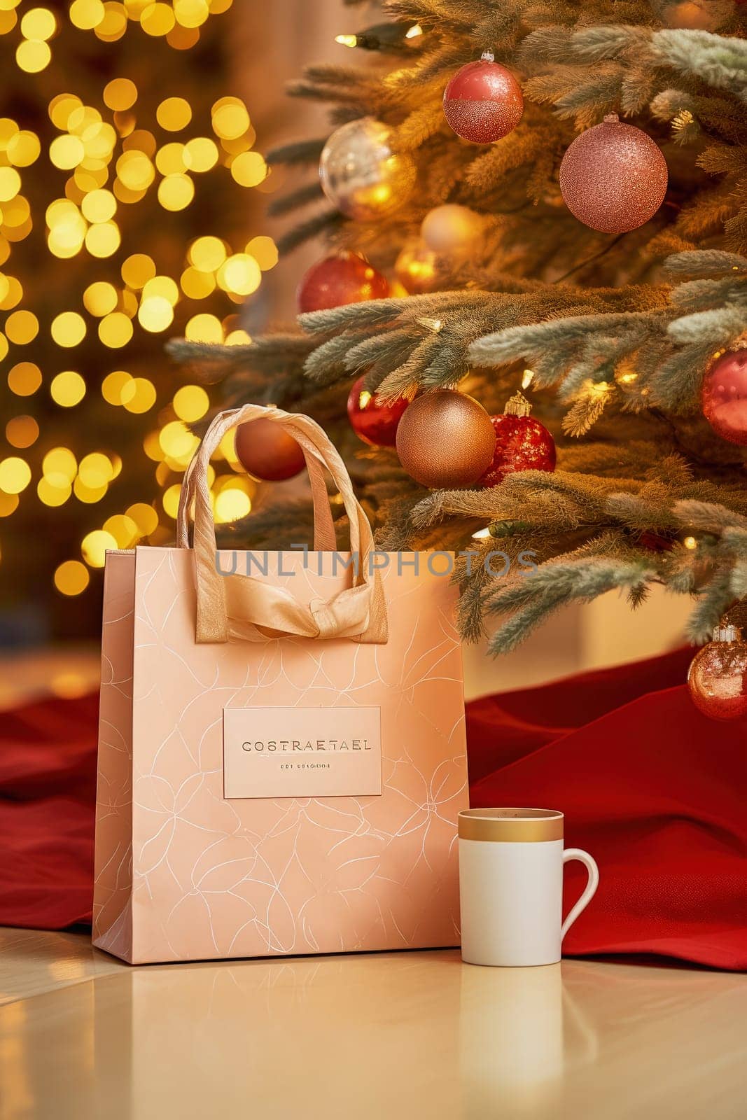 Paper bag with a gift near the New Year tree. High quality photo