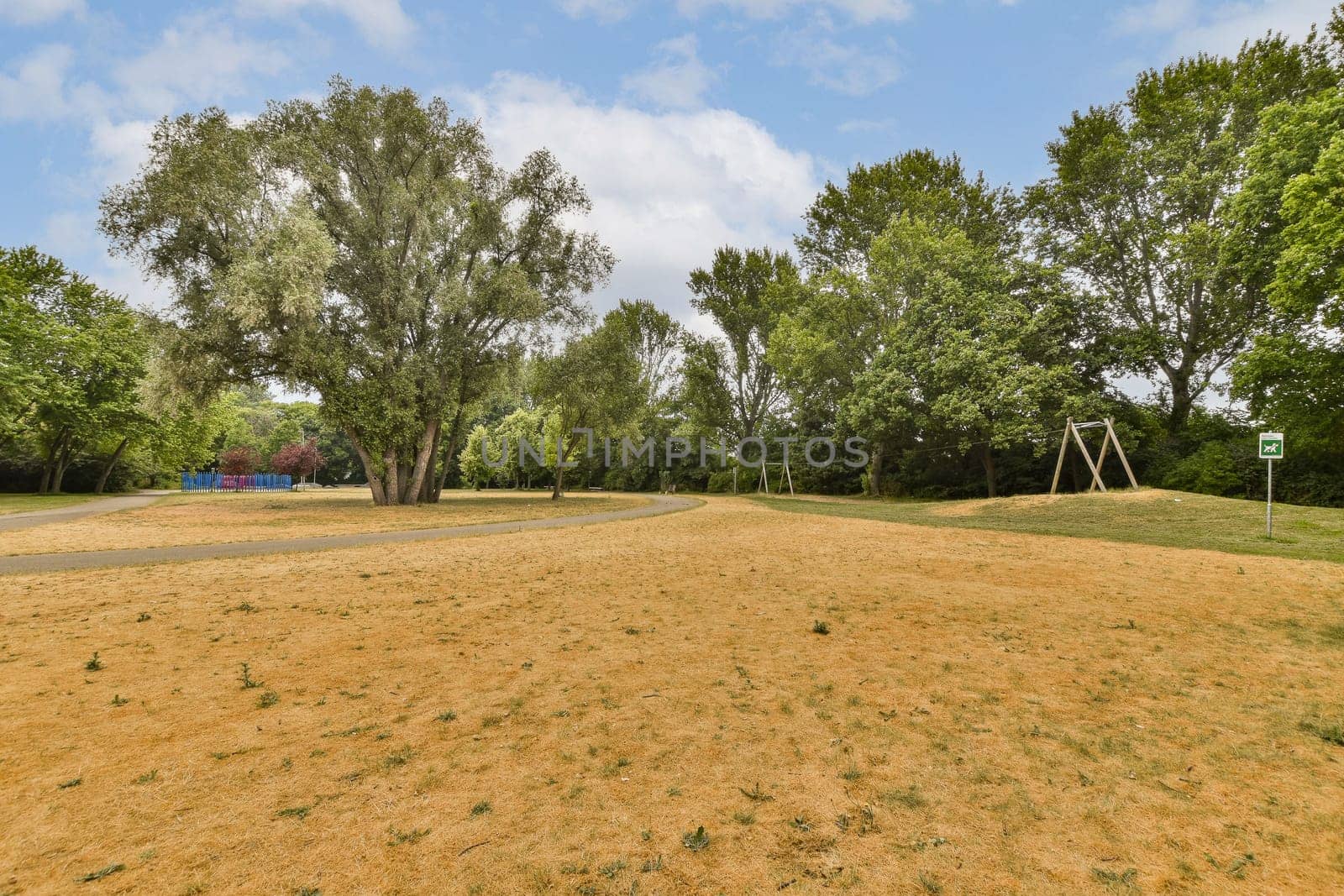 a grassy field with trees and a blue sky in the background on a sunny day at an outdoor play area