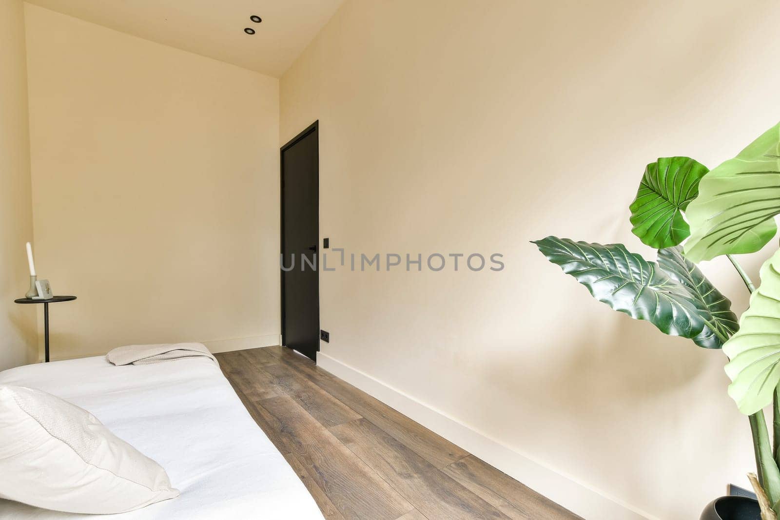 a bedroom with a white bed and a large plant by casamedia