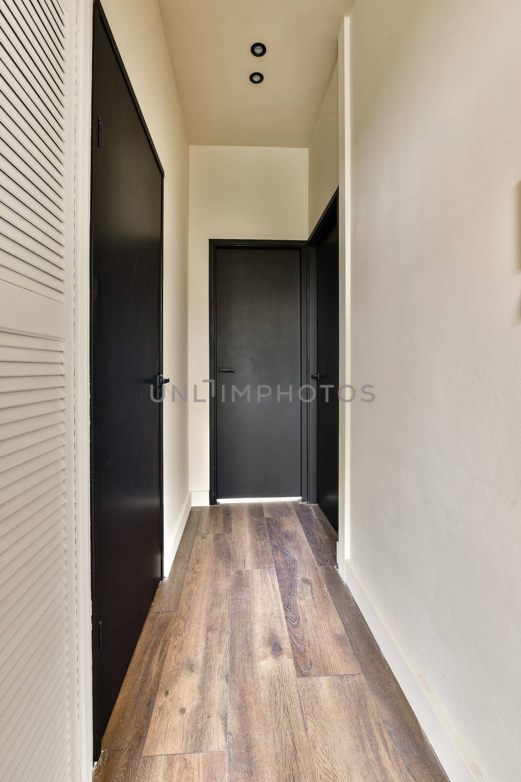 a hallway with black doors and wood floors and a by casamedia
