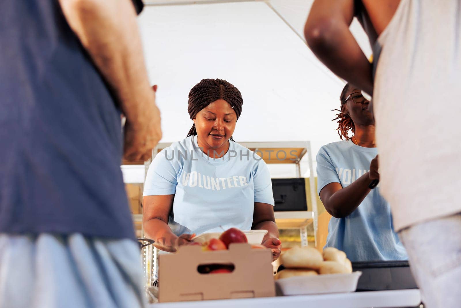 African american female volunteers in charity organization providing assistance to the needy by handing out free food. Charity workers contributing to hunger relief program by helping less privileged.