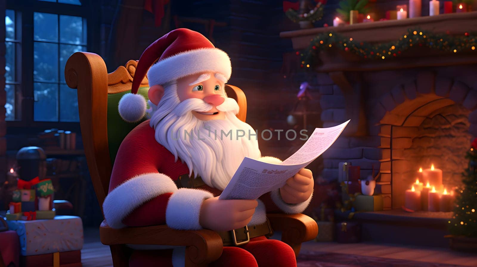 Santa Claus sits in a chair and reads a letter In a cozy room by a roaring fire - Christmas concept - Generative AI by chrisroll