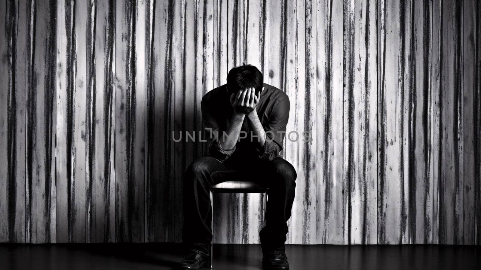 A lone man, cloaked in monochrome, sits in the shadows of an indoor room, his hands buried in his face, his footwear and clothing blending into the darkness, a portrait of despair and depression - burnout concept