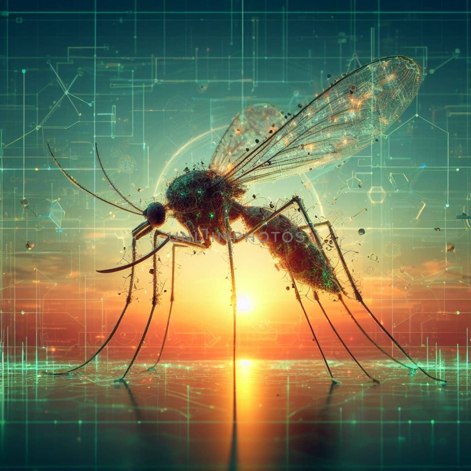genetically modified macro closeup of nano robot engineered weapon mosquito in action concept design depopulation evil plan generative ai art