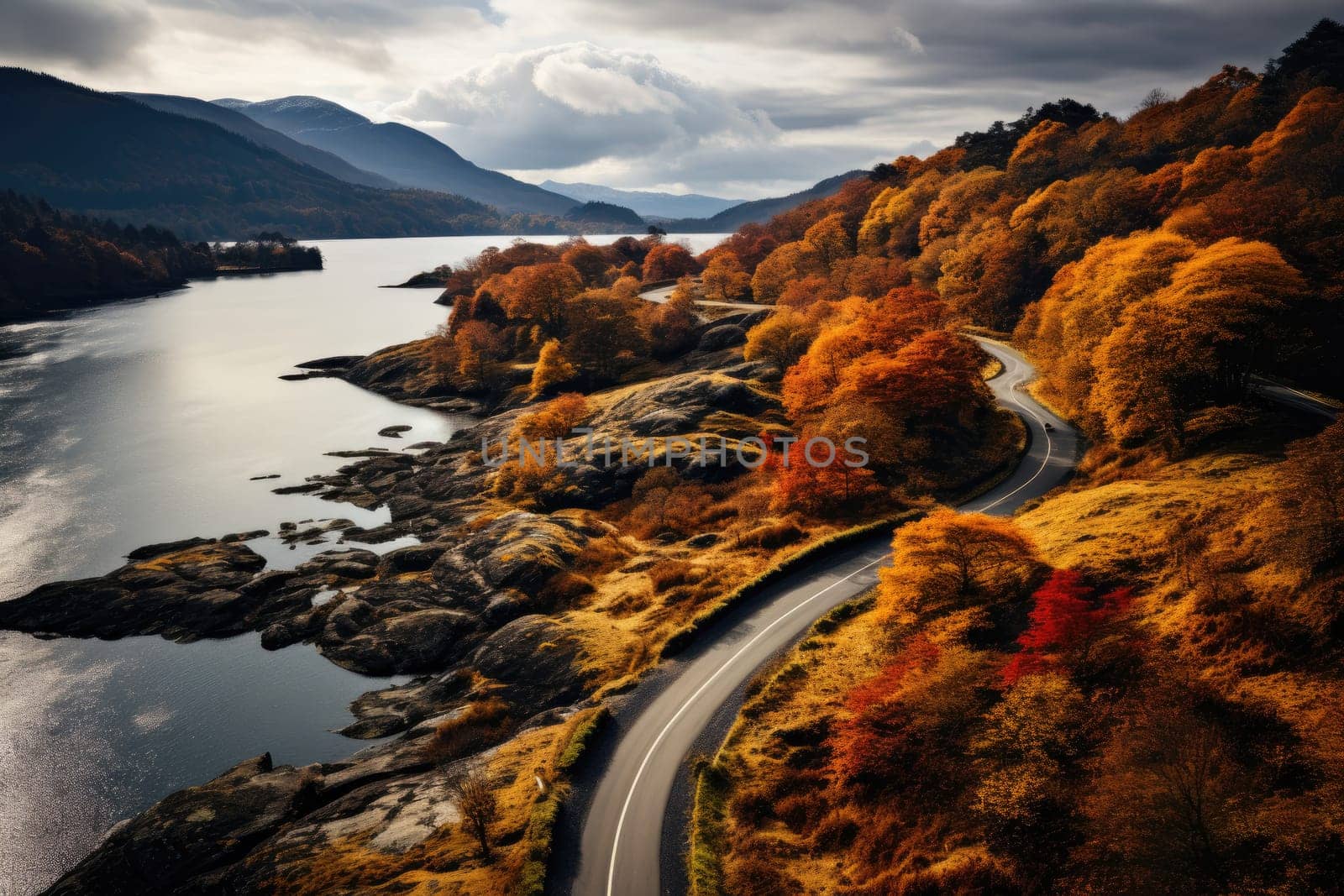 Landscape winding road with autumn season. Generative AI.
