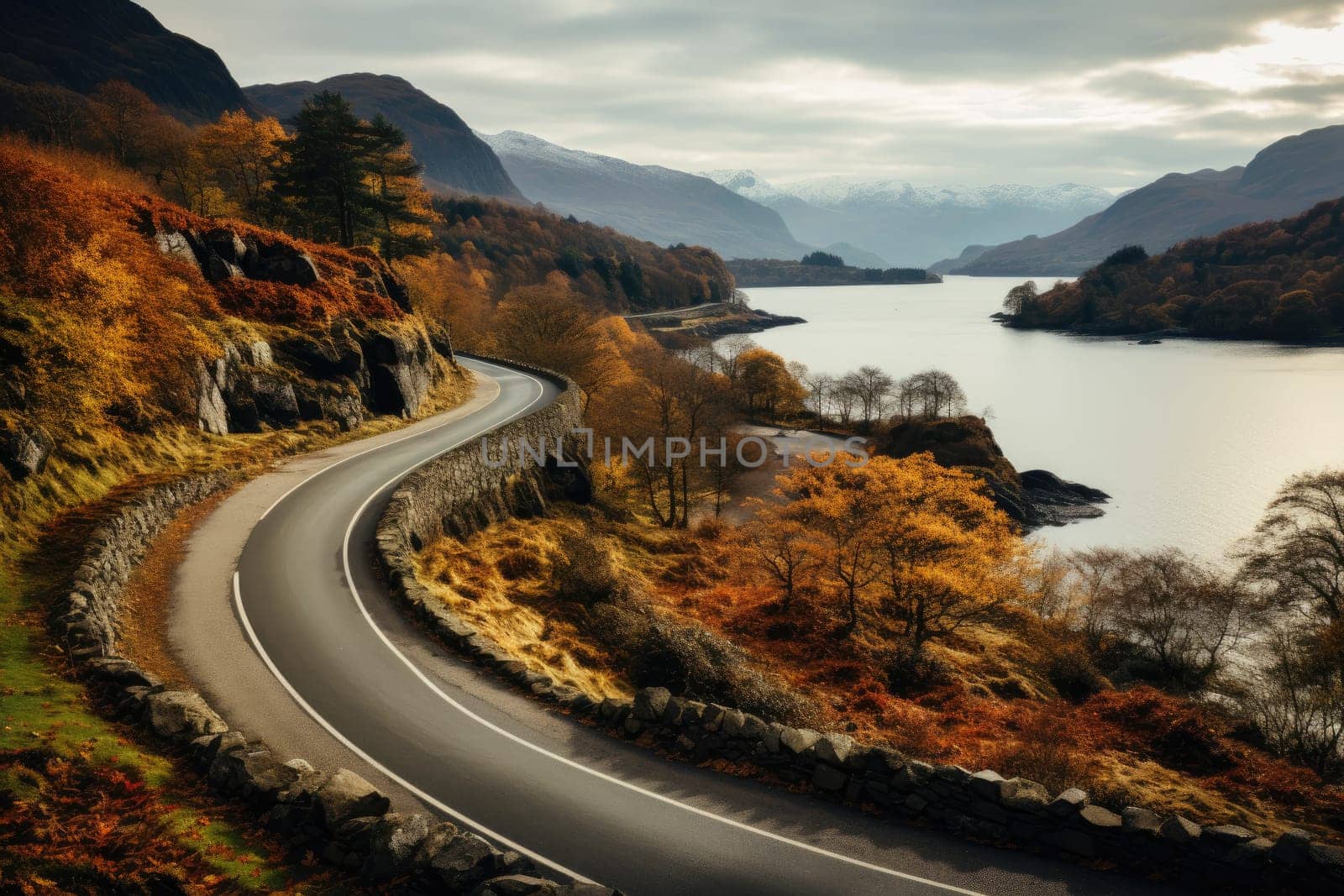 Landscape winding road with autumn season. Generative AI.