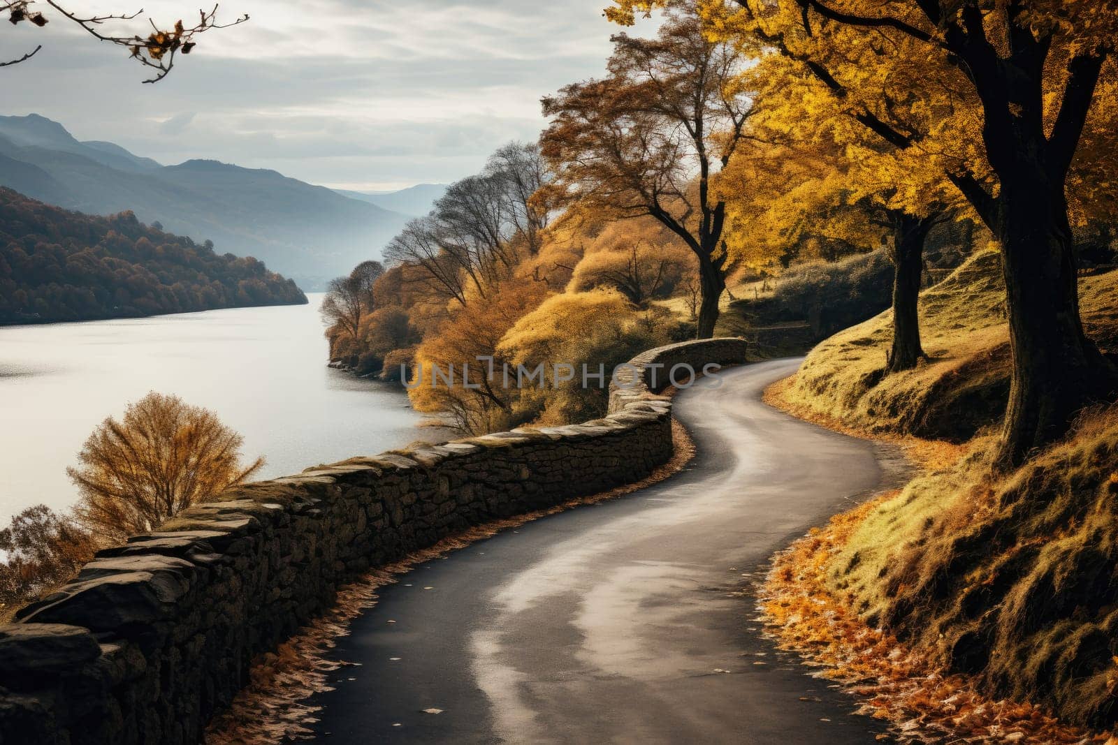 Landscape winding road with autumn season. Generative AI by itchaznong