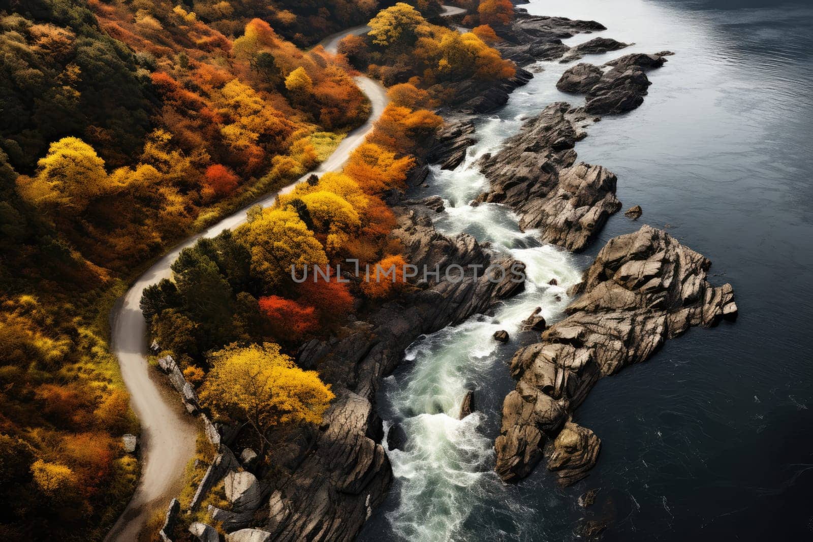 Landscape winding road with autumn season. Generative AI by itchaznong