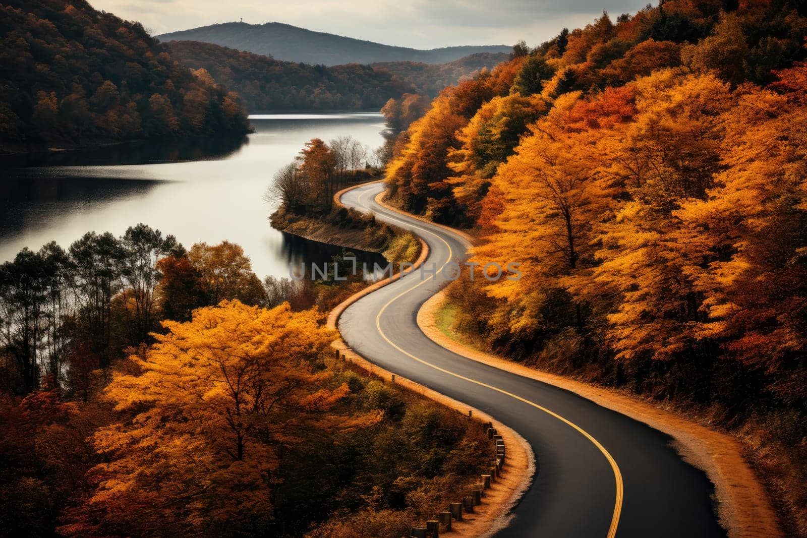 Landscape winding road with autumn season. Generative AI by itchaznong