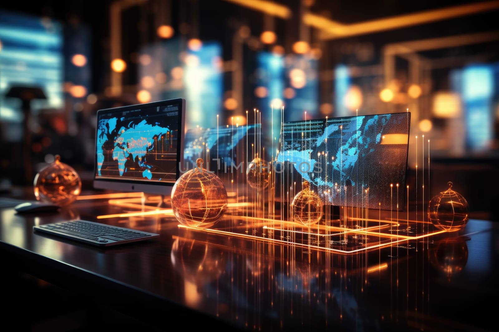 Economic, security and financial graph diagrams on digital screens Future world trade market and economic concept by Generative AI. by wichayada