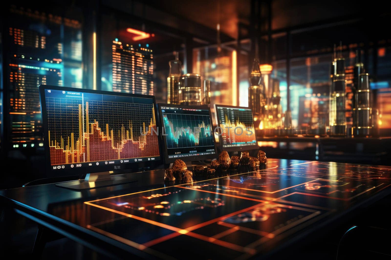 Economic, security and financial graph diagrams on digital screens Future world trade market and economic concept by Generative AI. by wichayada