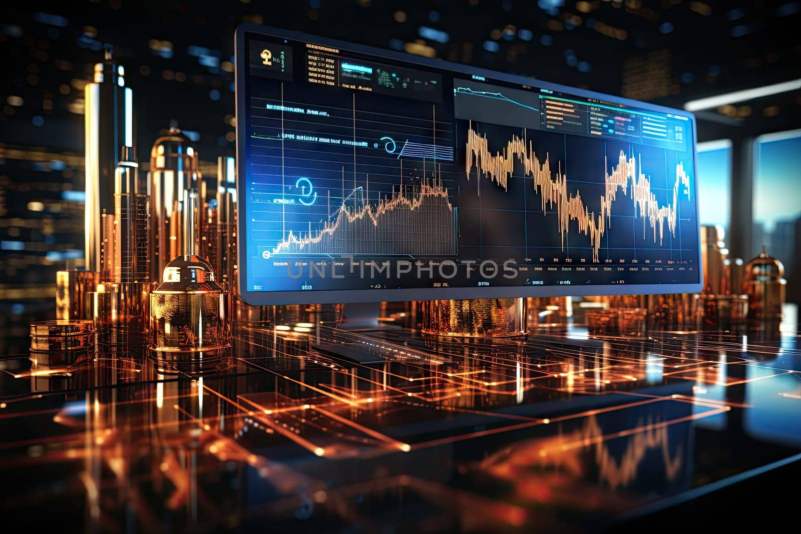 Economic, security and financial graph diagrams on digital screens Future world trade market and economic concept by Generative AI..