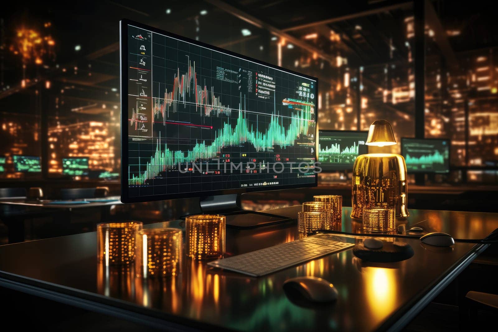 Economic, security and financial graph diagrams on digital screens Future world trade market and economic concept by Generative AI. by wichayada