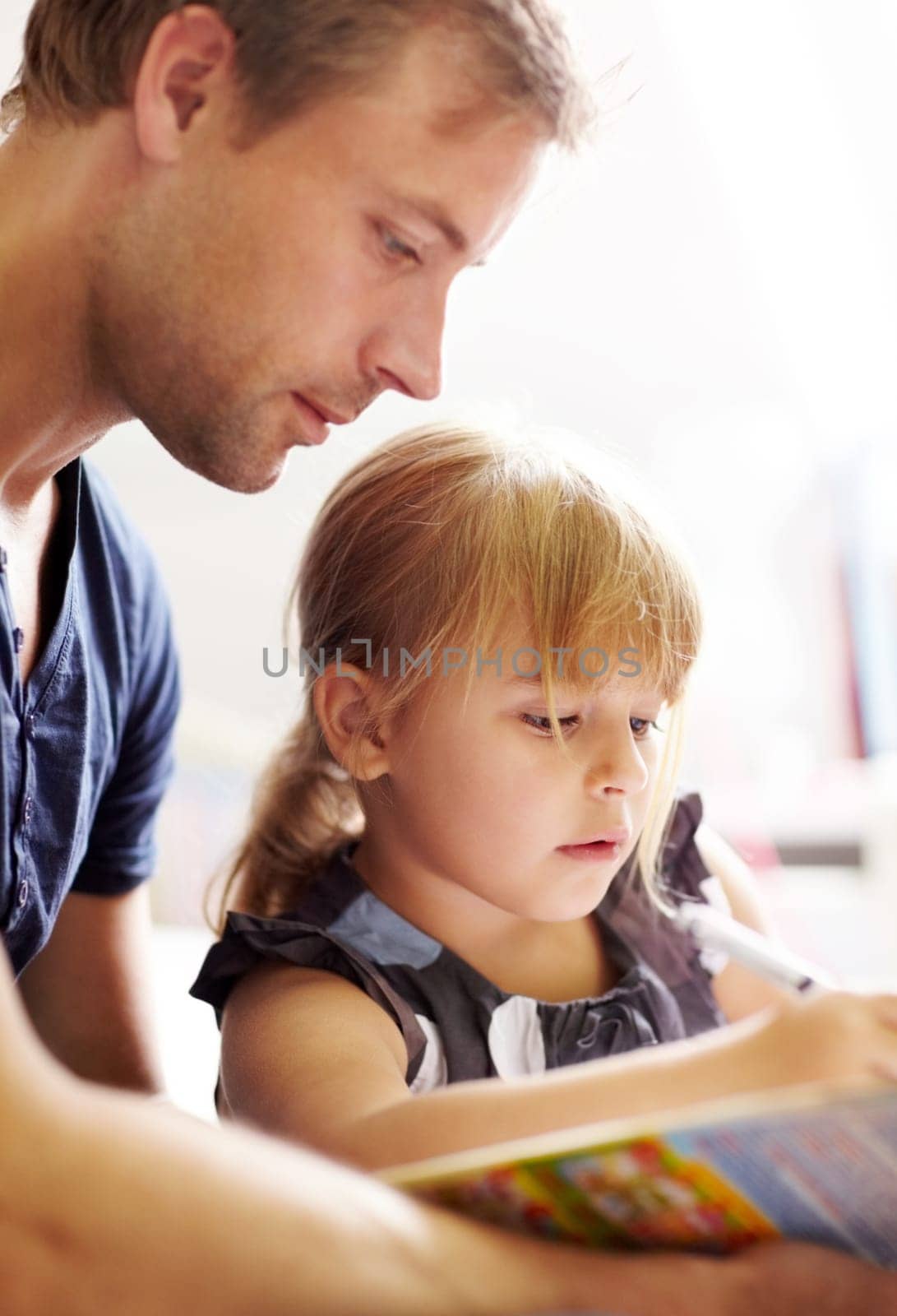 Family, father and daughter with homework for helping, bonding and learning for education in bedroom of home. People, man and girl child with homeschooling, writing in book and care on bed of house.