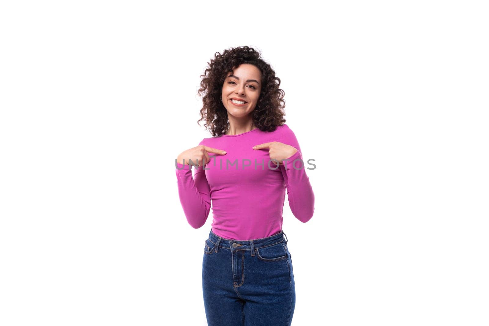 young successful leader woman with black hair is dressed in a purple sweater on a white background by TRMK