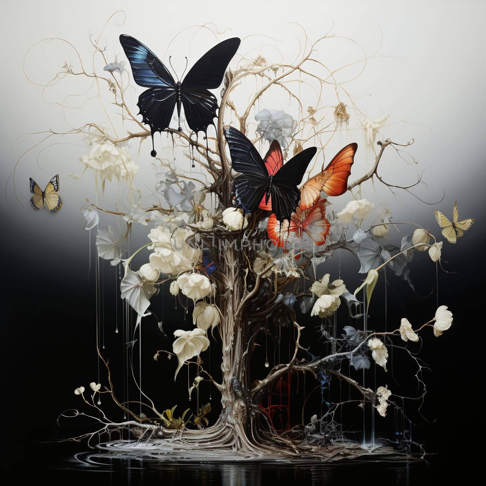 Drawing of a withered tree with flowers and butterflies on a dark background. Generative AI by Vovmar