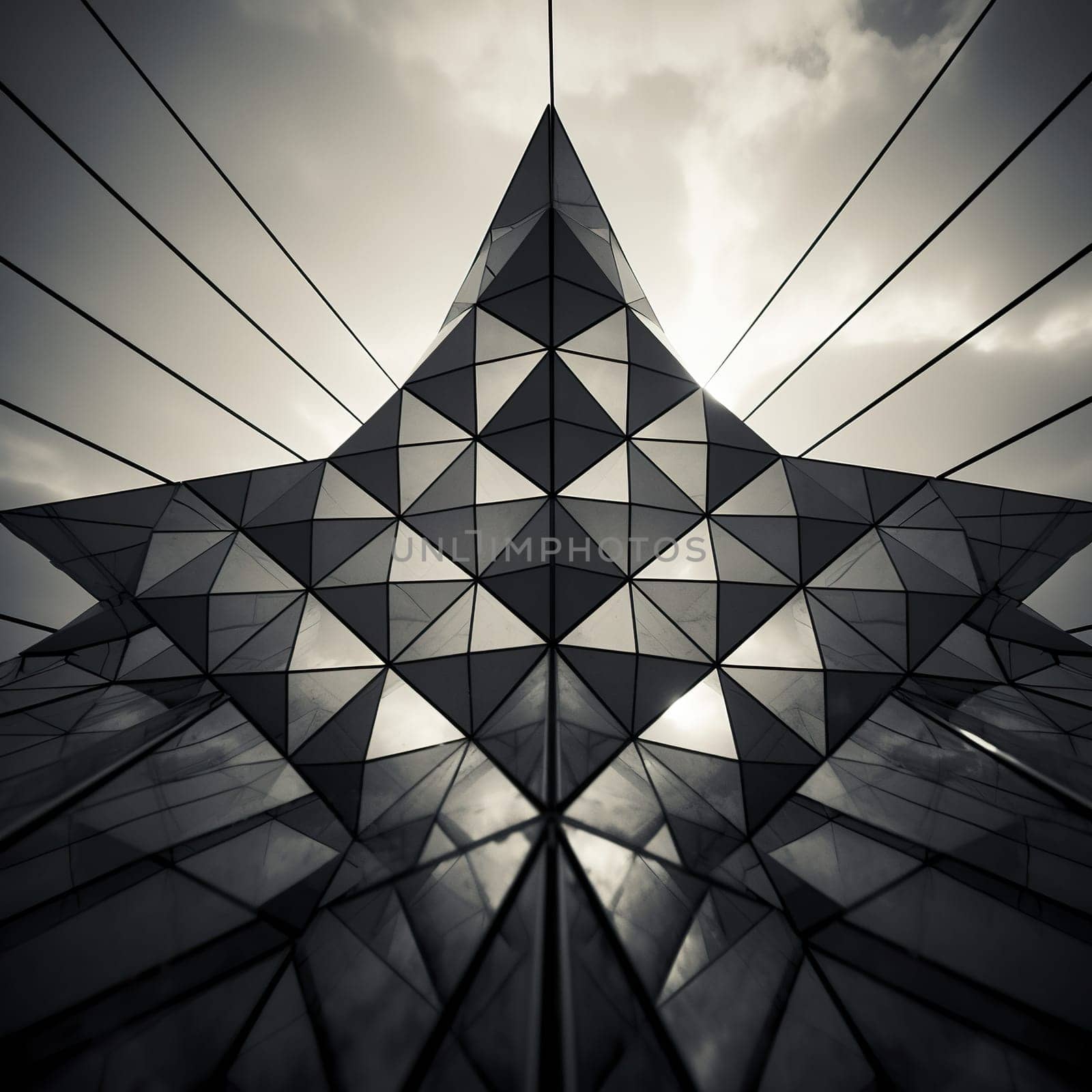 Bottom view of a building with a stylish modern pattern against a gray sky. Generative AI by Vovmar