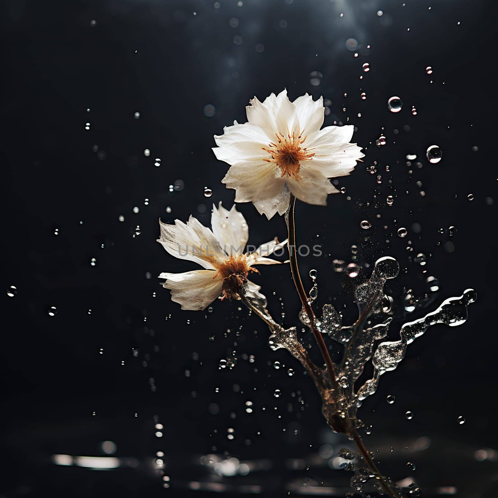 Branch with white flowers in splashes of water, isolated on a black background.