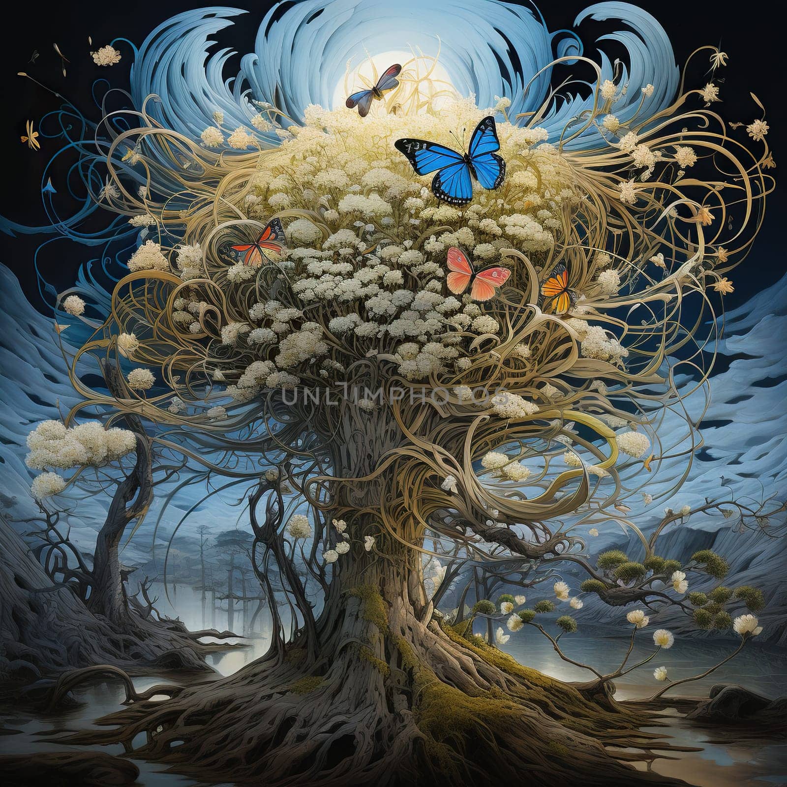 Drawing of a withered tree with flowers and butterflies on a dark background.