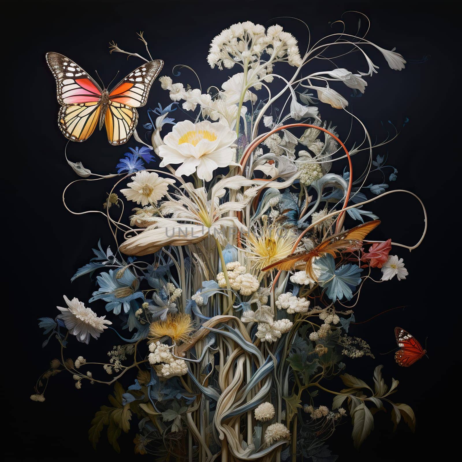 Art. Still life of a bouquet of flowers with butterflies on a black background.