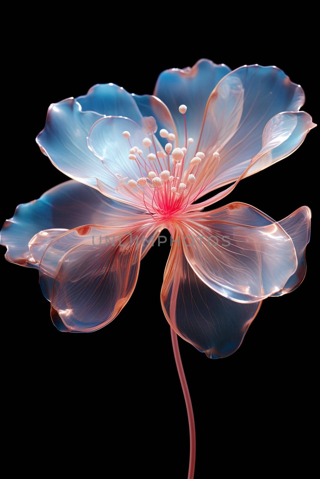 Surreal vibrant light flower closeup isolated on black. Generative AI by Vovmar