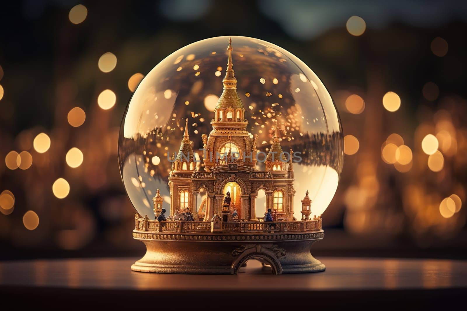 Castle in a glass ball on a wooden surface against a golden bokeh background.