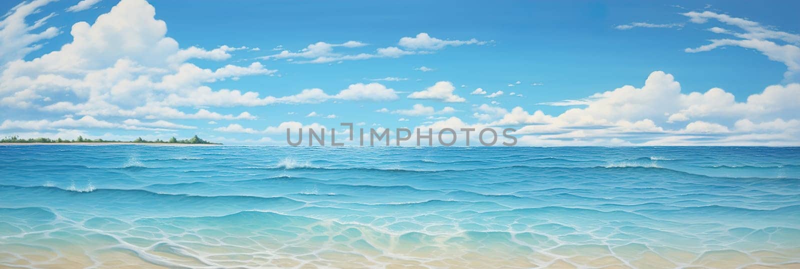 Serene beach scene with ocean waves and a blue sky with fluffy clouds. Vacation mood that speaks of tranquility and relaxation. Peaceful holiday. Relax in the nature. Banner. Generative AI. by creativebird