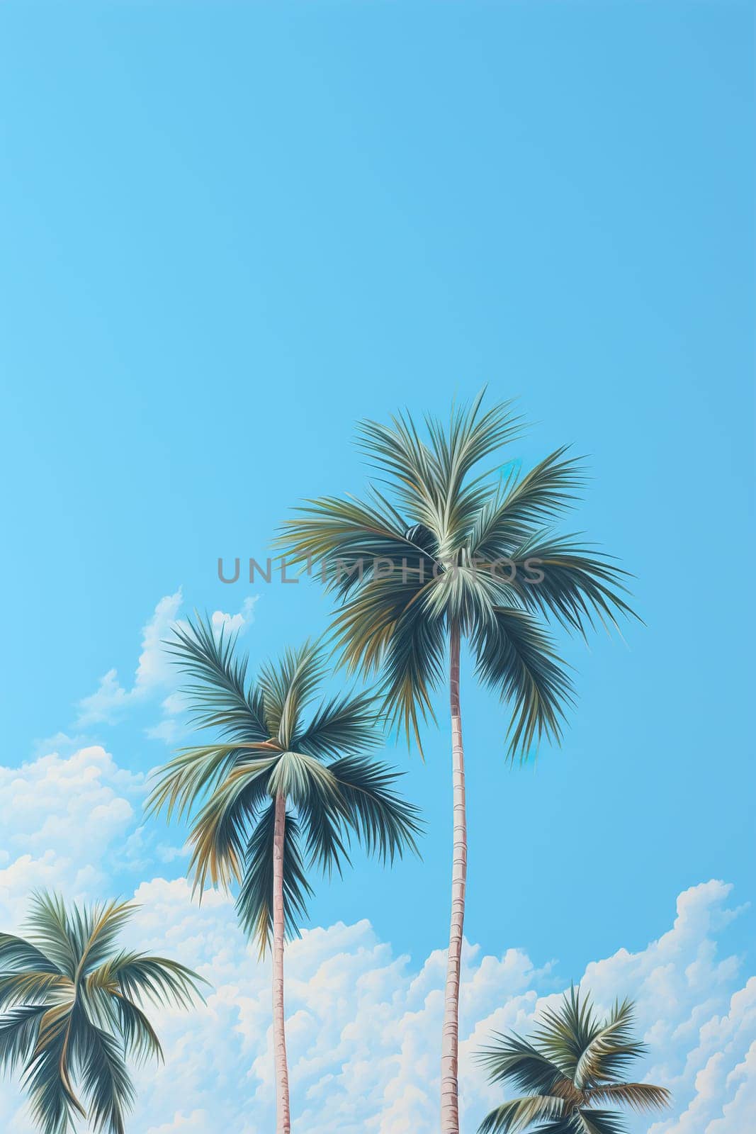 Tall palm trees soar into a bright blue sky with fluffy clouds, evoking a tropical paradise vibe. Vacation, holiday background. Empty, copy space for text. Generative AI