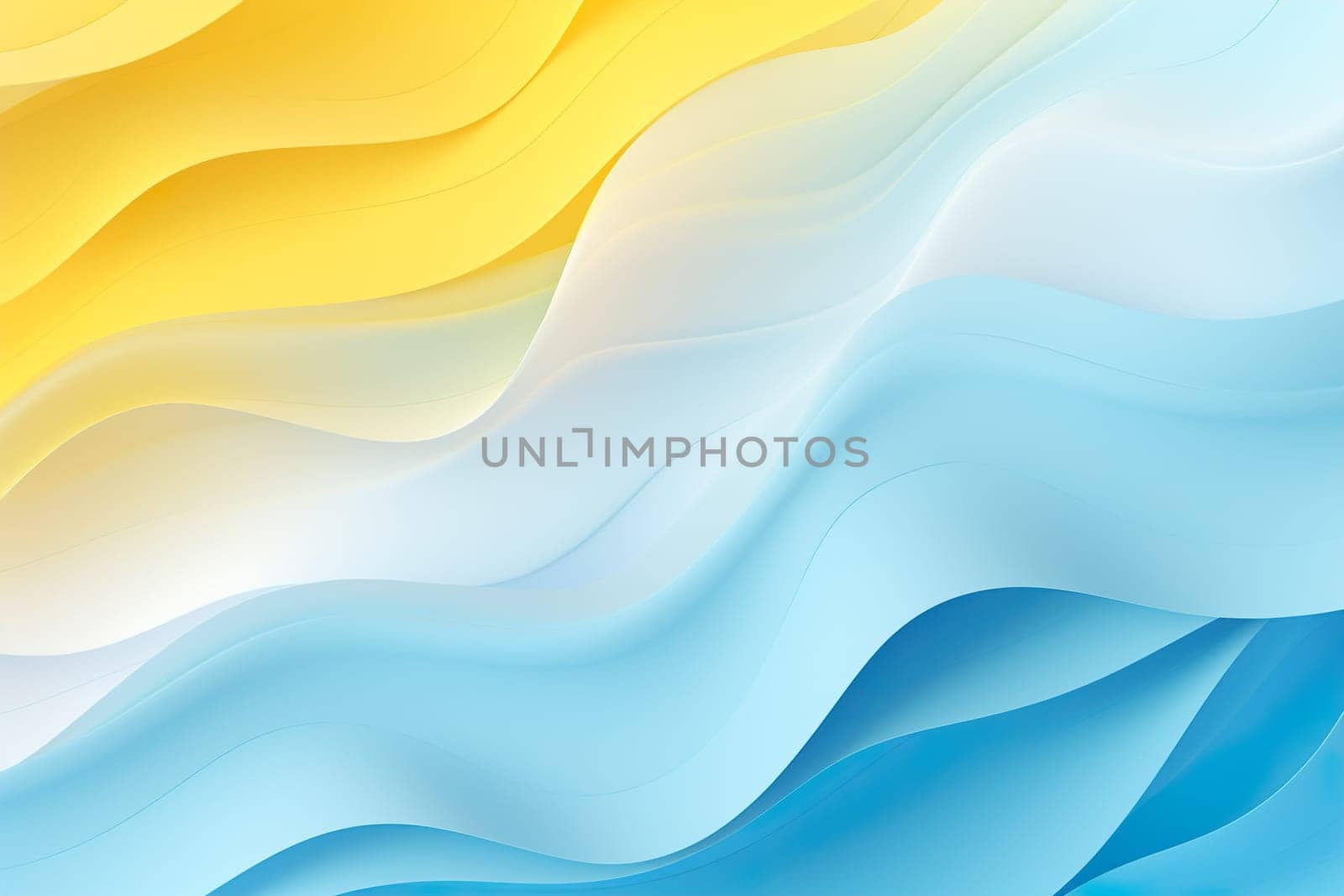 Abstract wave design in gradient shades of blue and yellow, reminiscent of a sunny beach vacation atmosphere. Abstract holiday, travel background. Copy space for text. Generative AI