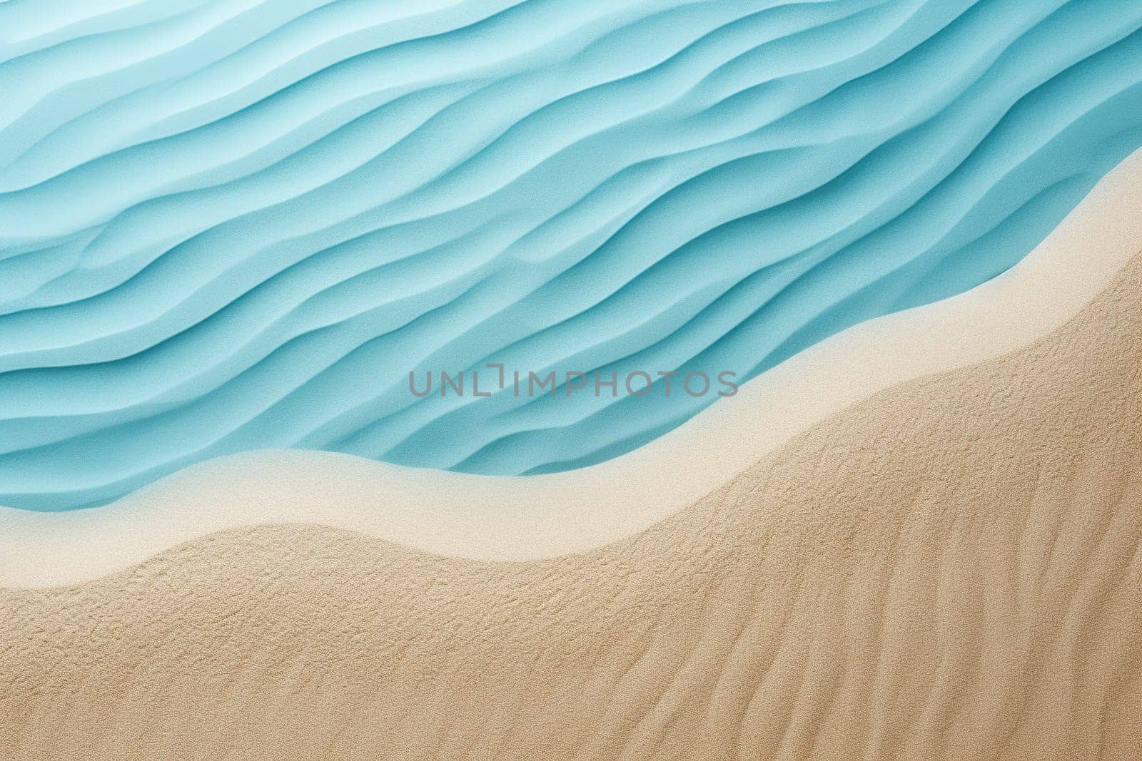 Abstract design of wave patterns in sand and blue, evoking the serene interface of a sandy beach meeting the ocean. Vacation background. Tranquility and relaxation by ocean. Holiday. Generative AI. by creativebird