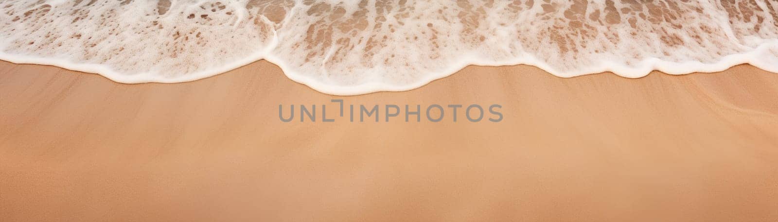 Aerial view of a beach with foamy wave washing over golden sand. Vacation background. Tranquility and relaxation by ocean. Peaceful holiday. Relax in the nature. Meditation. Copy space. Generative AI