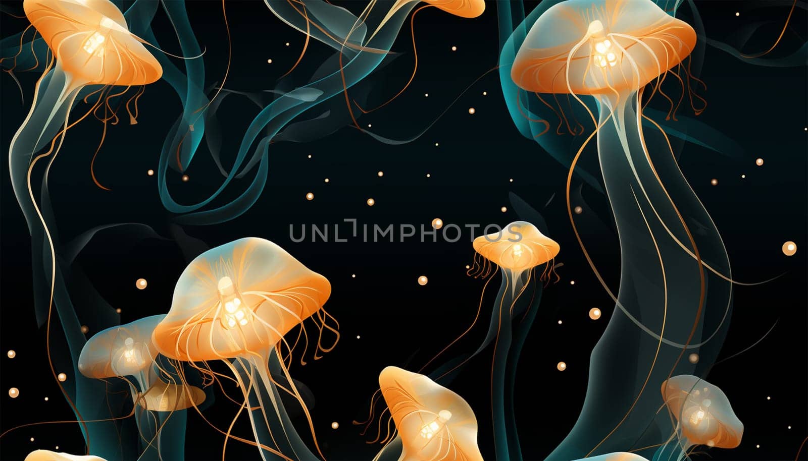 Jellyfish seamless pattern. Dark luxury art background with hand drawn jellyfish in gold art line style. Minimalistic banner with marine life for decoration, wallpaper, print, textile, interior design, packaging Cute