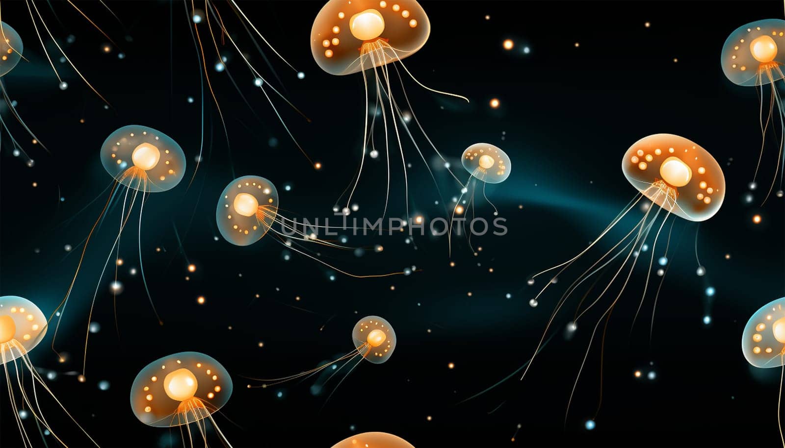 Jellyfish seamless pattern. Dark luxury art background with hand drawn jellyfish in gold art line style. Minimalistic banner with marine life for decoration, wallpaper, print, textile, interior design, packaging Cute