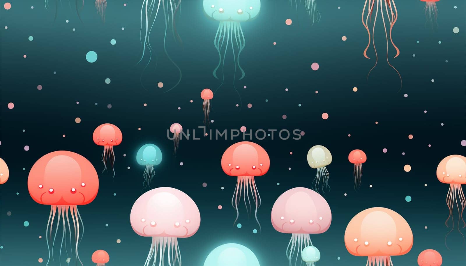 Jellyfish seamless pattern. Dark luxury art background with hand drawn jellyfish in gold art line style. Minimalistic banner with marine life for decoration, wallpaper, print, textile, interior design, packaging Cute