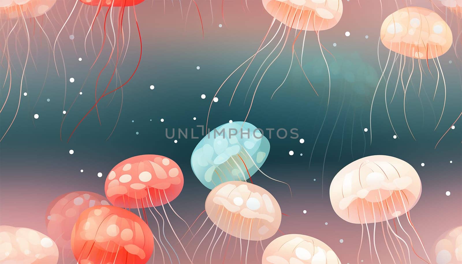 Jellyfish seamless pattern. Dark luxury art background with hand drawn jellyfish in gold art line style. Minimalistic banner with marine life for decoration, wallpaper, print, textile, interior design, packaging Cute