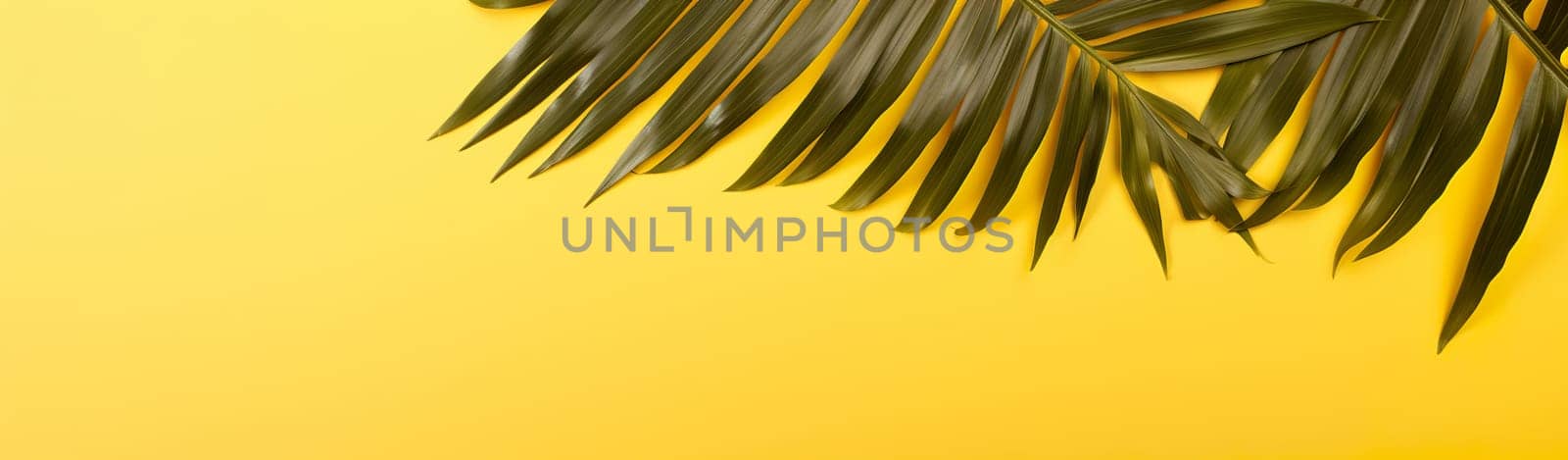 Green palm leaves over a vibrant yellow background, a bold tropical design perfect for lively summer visuals. Vacation, holiday backdrop. Banner with empty, copy space for text. Generative AI. by creativebird