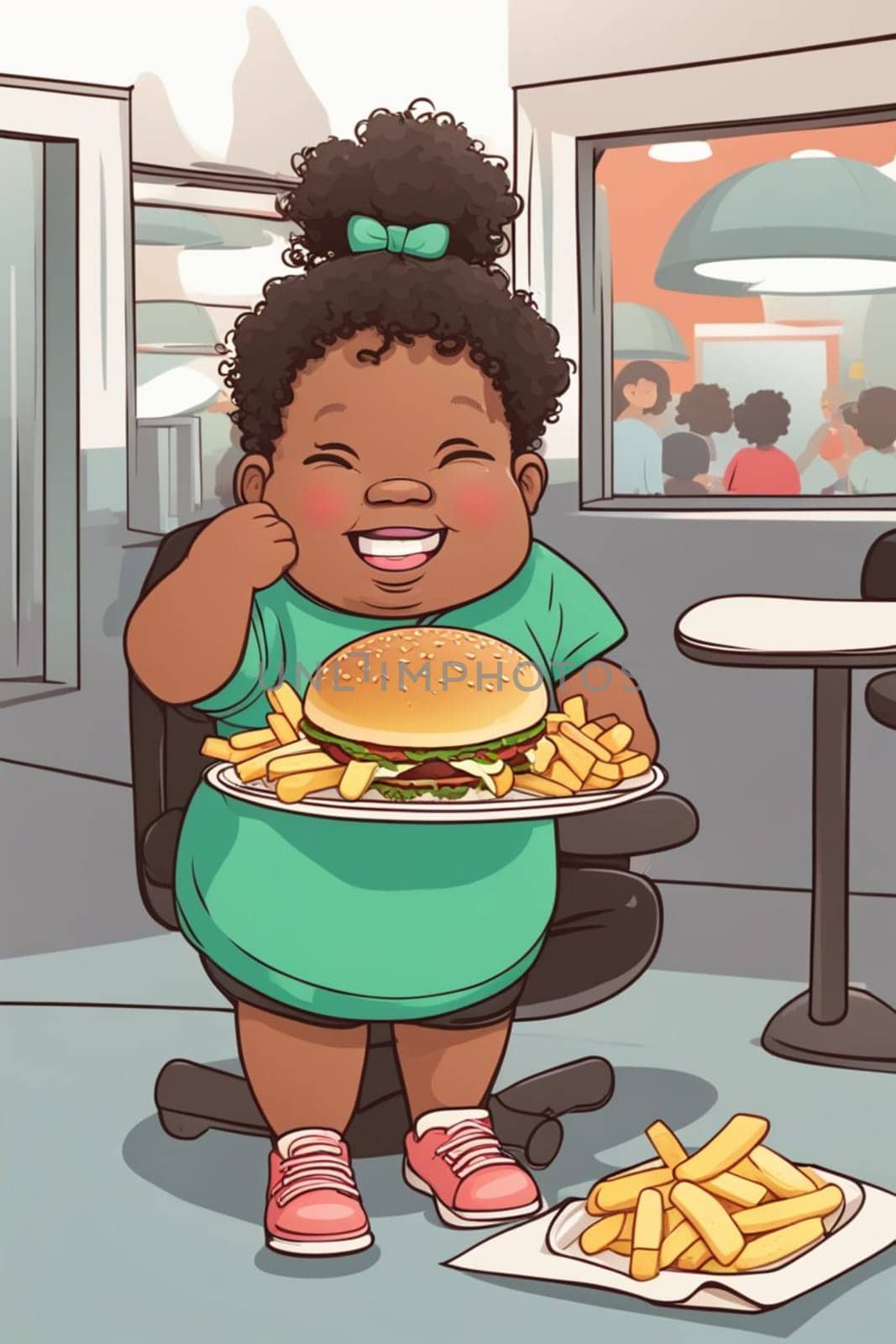 obese boy girl eating fast food , hamburger, french fries - unhealthy eating concept illustration generative ai art