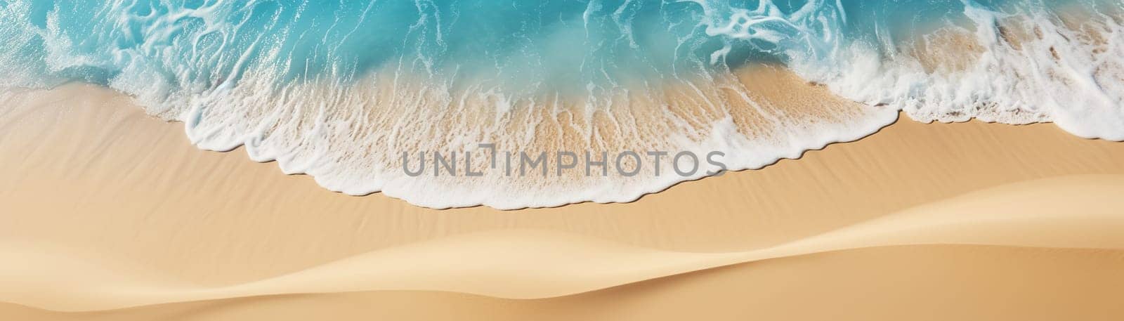 Aerial view of a beach with a foamy wave washing over golden sand. Vacation background. Tranquility and relaxation by ocean. Peaceful holiday. Relax in the nature. Meditation. Generative AI. by creativebird