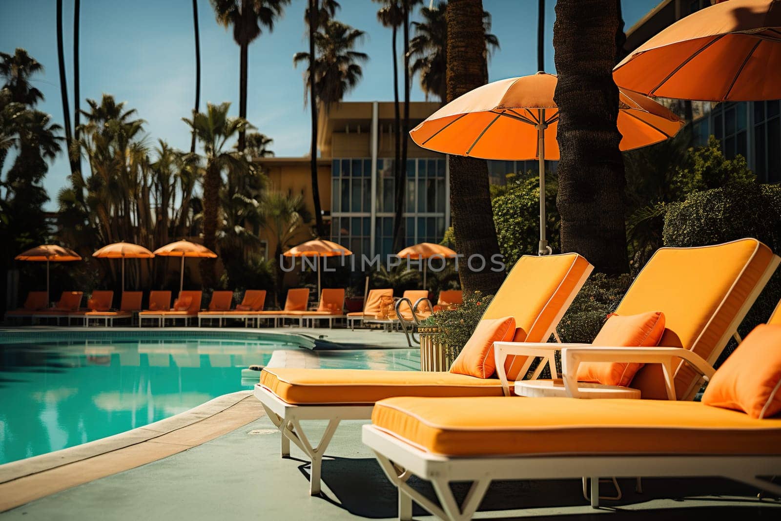 Orange sun loungers by the pool on site. Sunny summer travel vacation.