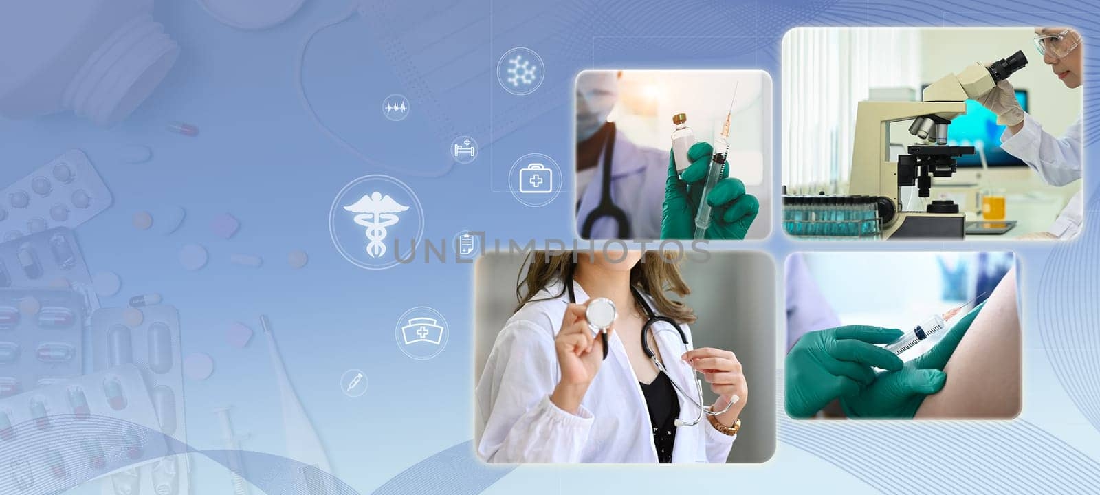 Medical services, healthcare workers technology and health insurance concept. Panoramic header web banner.